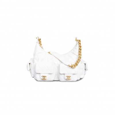 CHANEL SHINY LAMBSKIN GOLD-TONE METAL WHITE AS5339 (31*22*15cm)